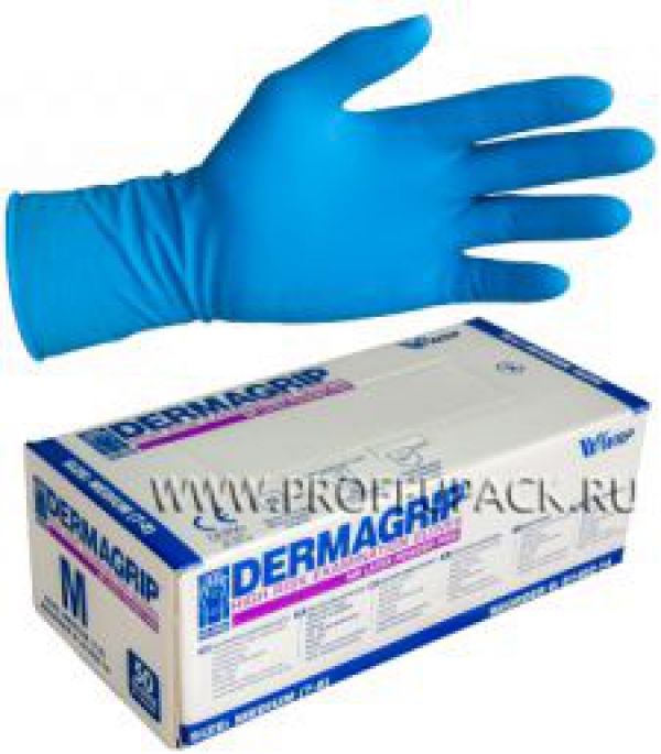 Перчатки латексные синие DERMAGRIP М 25/кор.